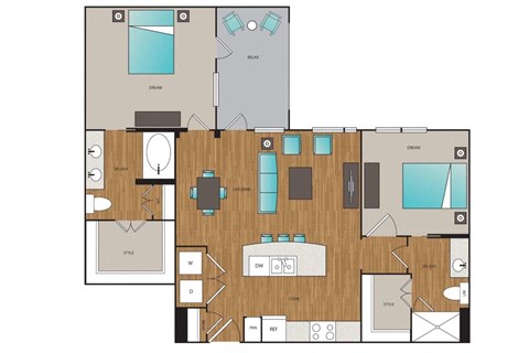Floor plan for 2 beds, 2 baths, 1054 sqft